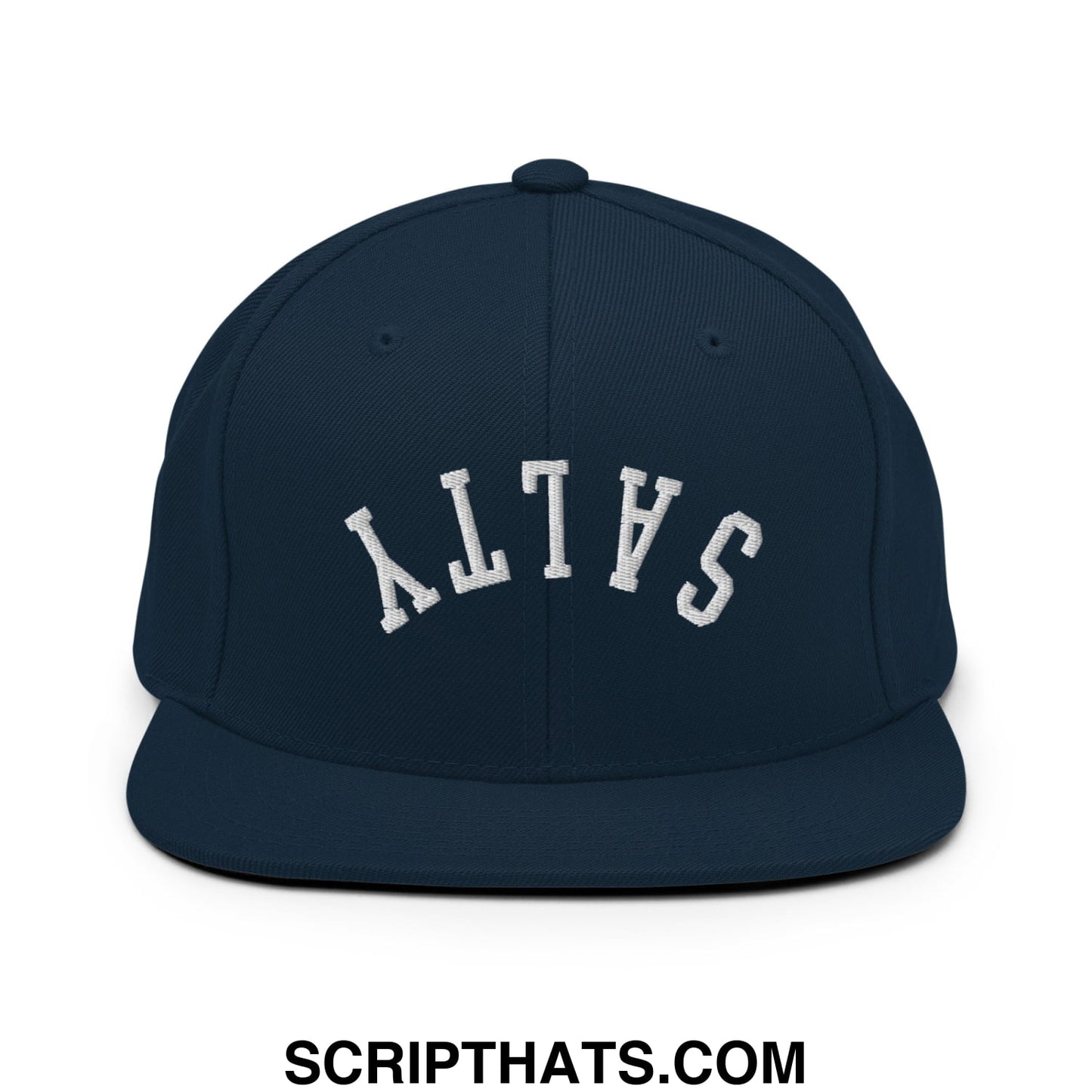 Navy blue snapback hat with white arched salty embroidery and flat bill brim perfect for casual wear