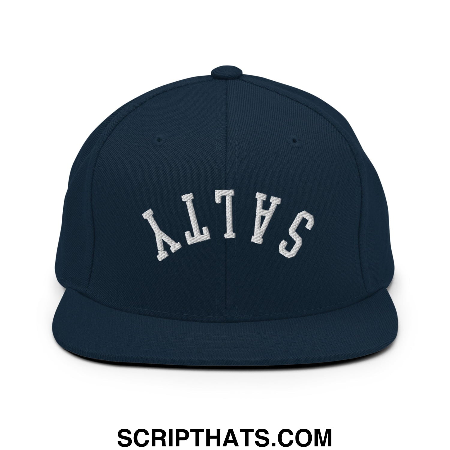 Navy blue snapback hat with white arched salty embroidery and flat bill brim perfect for casual wear