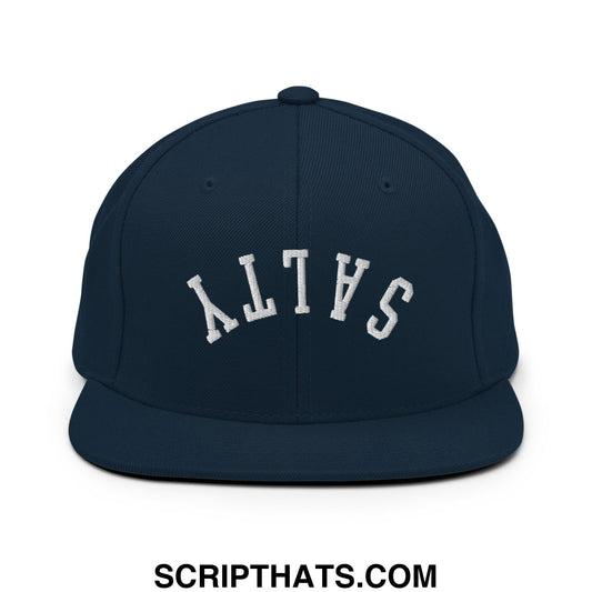 Upside Down Salty Embroidered Flat Bill Brim Snapback Hat Dark Navy
