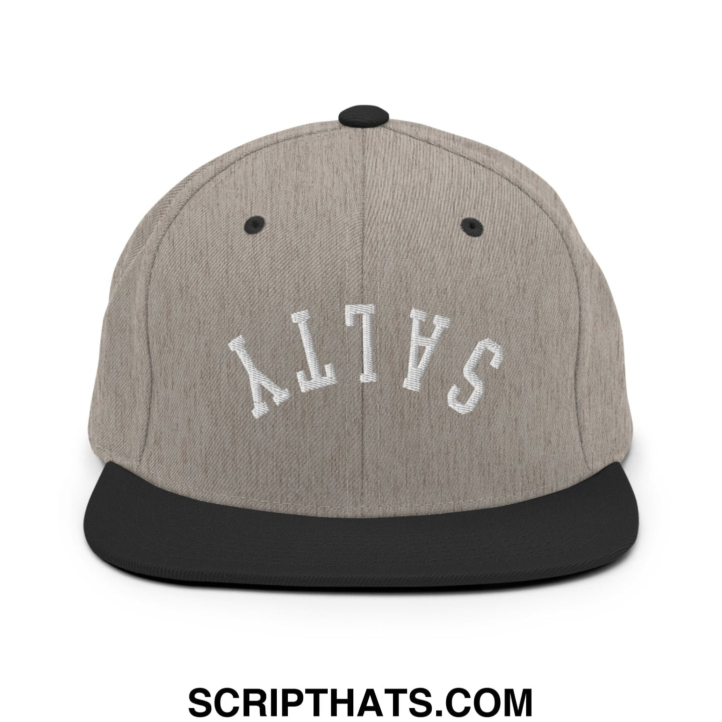 Gray and black snapback hat with white embroidered salty lettering and flat bill brim for casual wear