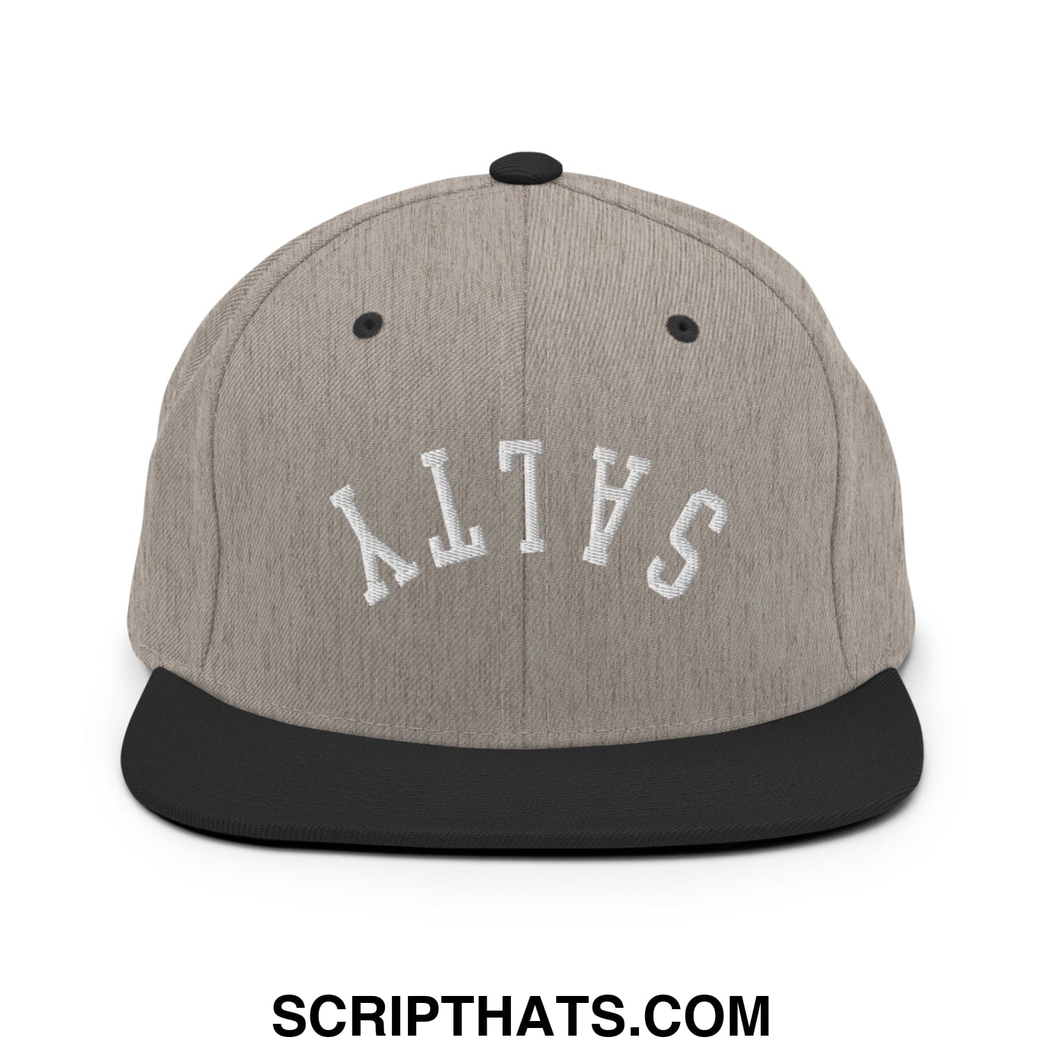 Gray and black snapback hat with white embroidered salty lettering and flat bill brim for casual wear
