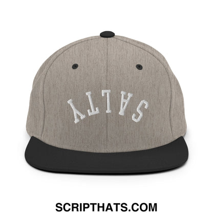 Gray and black snapback hat with white embroidered salty lettering and flat bill brim for casual wear