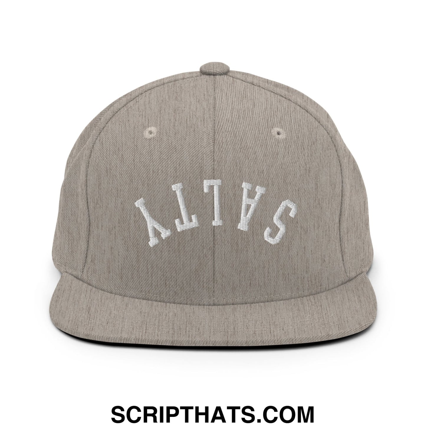 A heather gray snapback hat with white embroidered salty lettering and a flat bill brim for casual wear