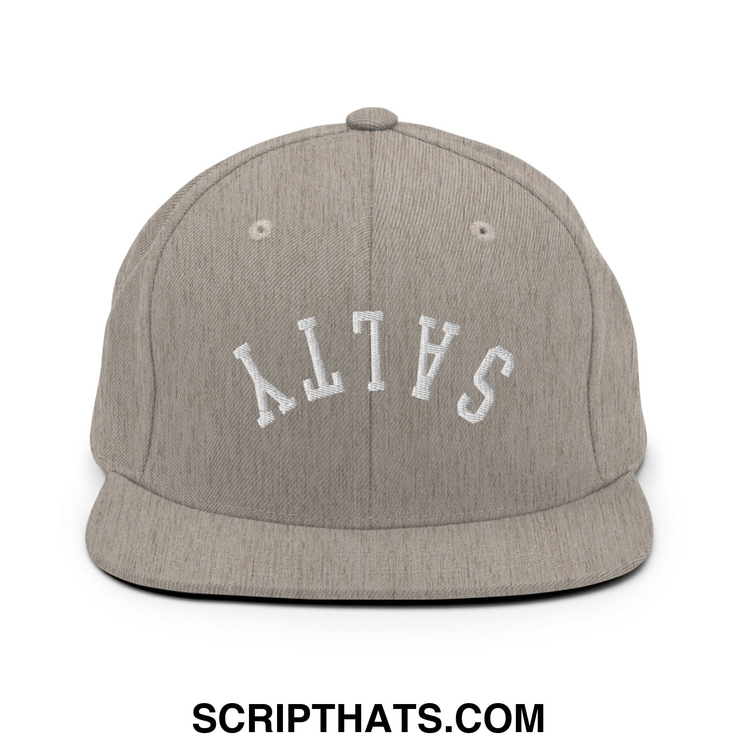 A heather gray snapback hat with white embroidered salty lettering and a flat bill brim for casual wear
