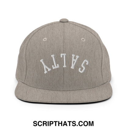 A heather gray snapback hat with white embroidered salty lettering and a flat bill brim for casual wear