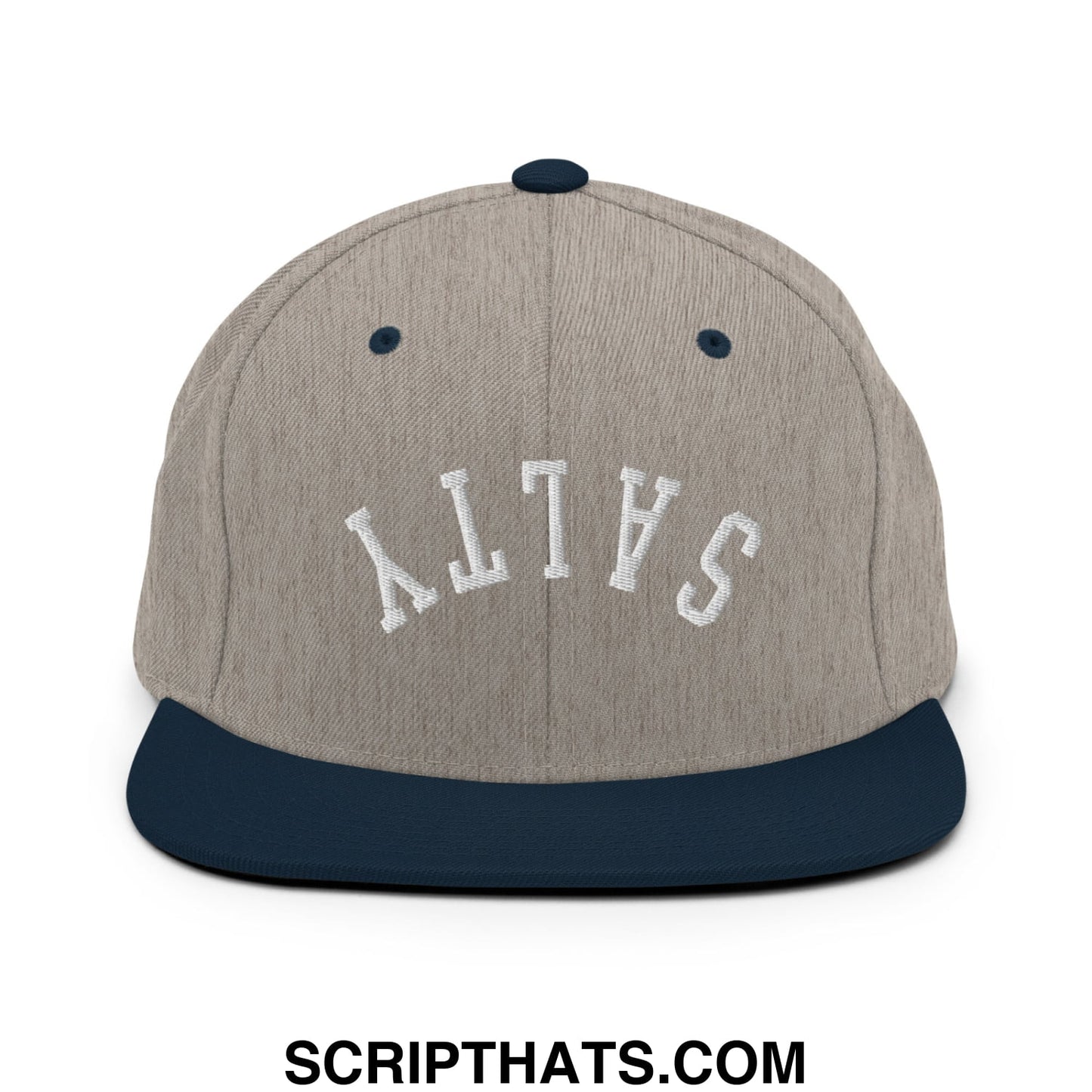 A gray and navy blue snapback hat with salty embroidered in white arched lettering on the front flat bill brim