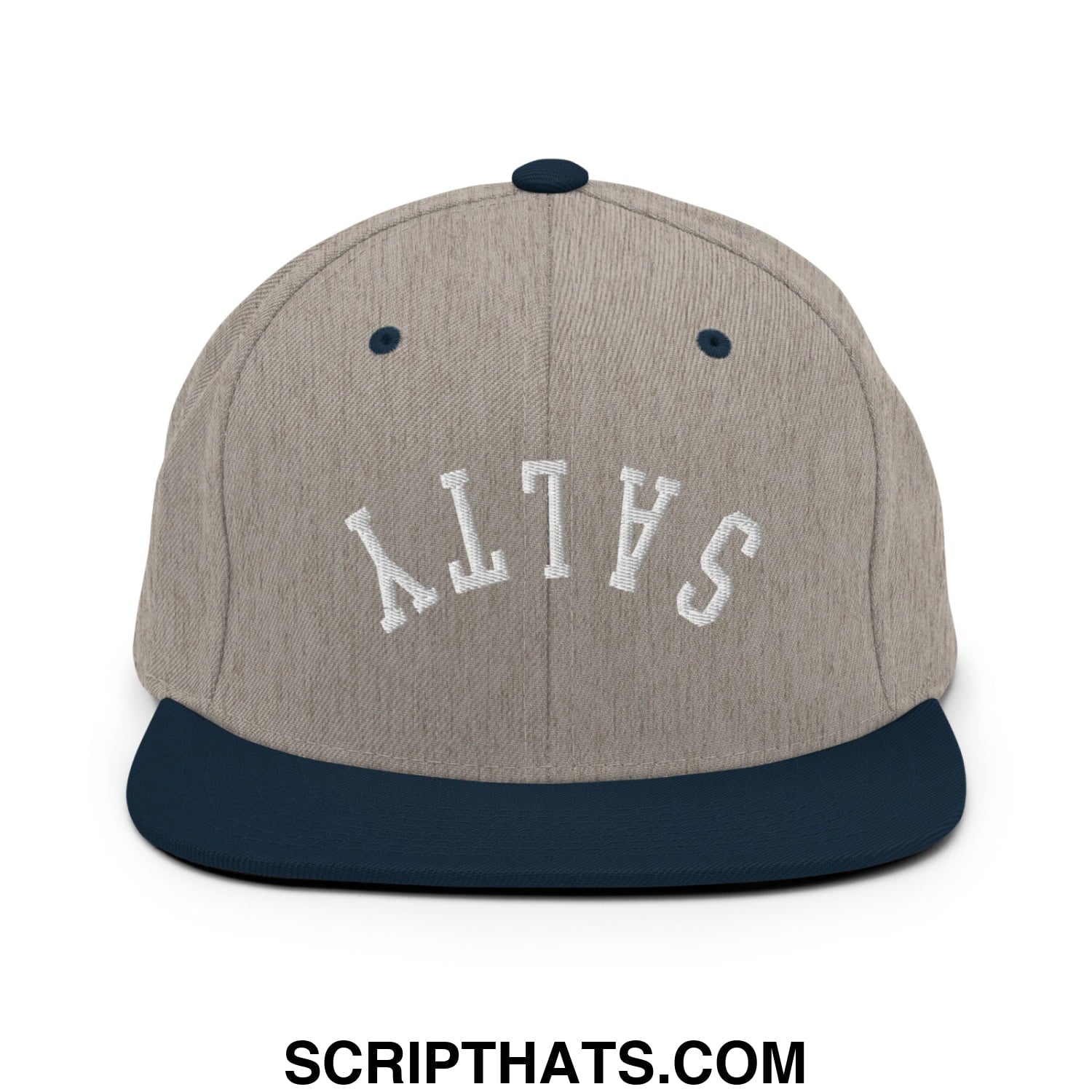 A gray and navy blue snapback hat with salty embroidered in white arched lettering on the front flat bill brim