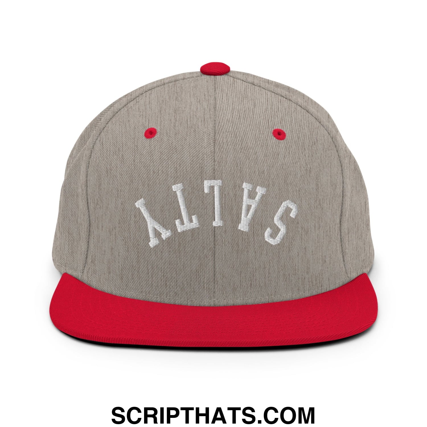 Gray and red snapback hat with white embroidered salty lettering and flat bill brim in upside down design