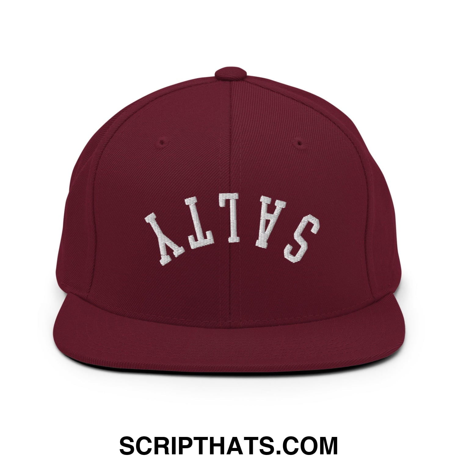 Maroon snapback cap with white embroidered salty lettering in an arched design and a flat bill brim