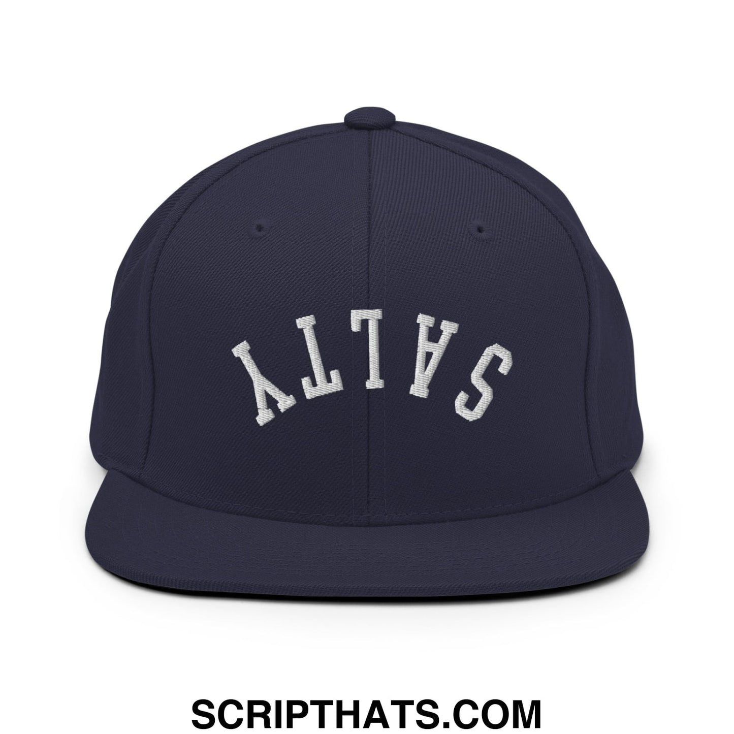 Navy blue snapback hat with white embroidered salty lettering in an arched design and flat bill brim