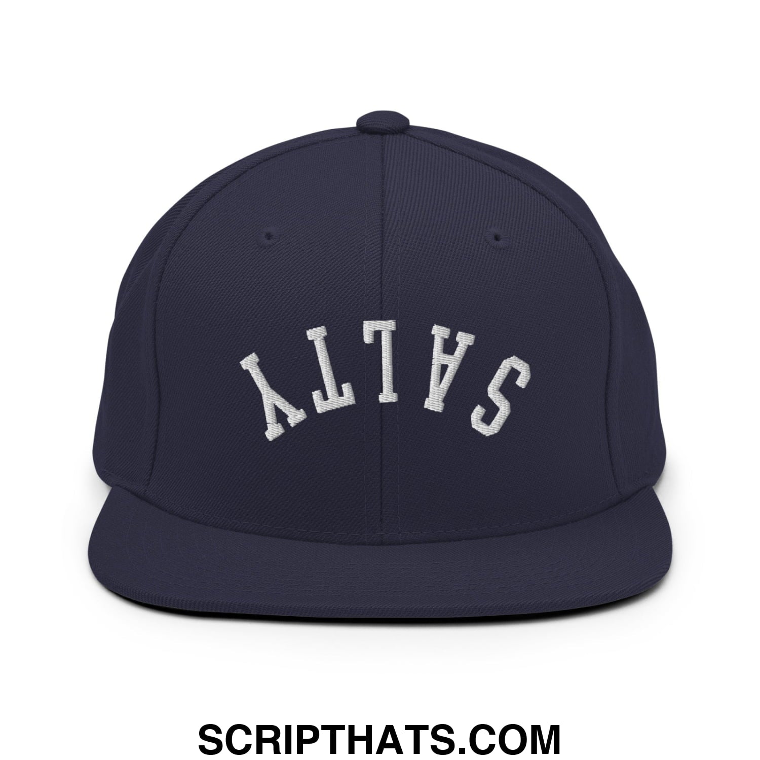 Navy blue snapback hat with white embroidered salty lettering in an arched design and flat bill brim