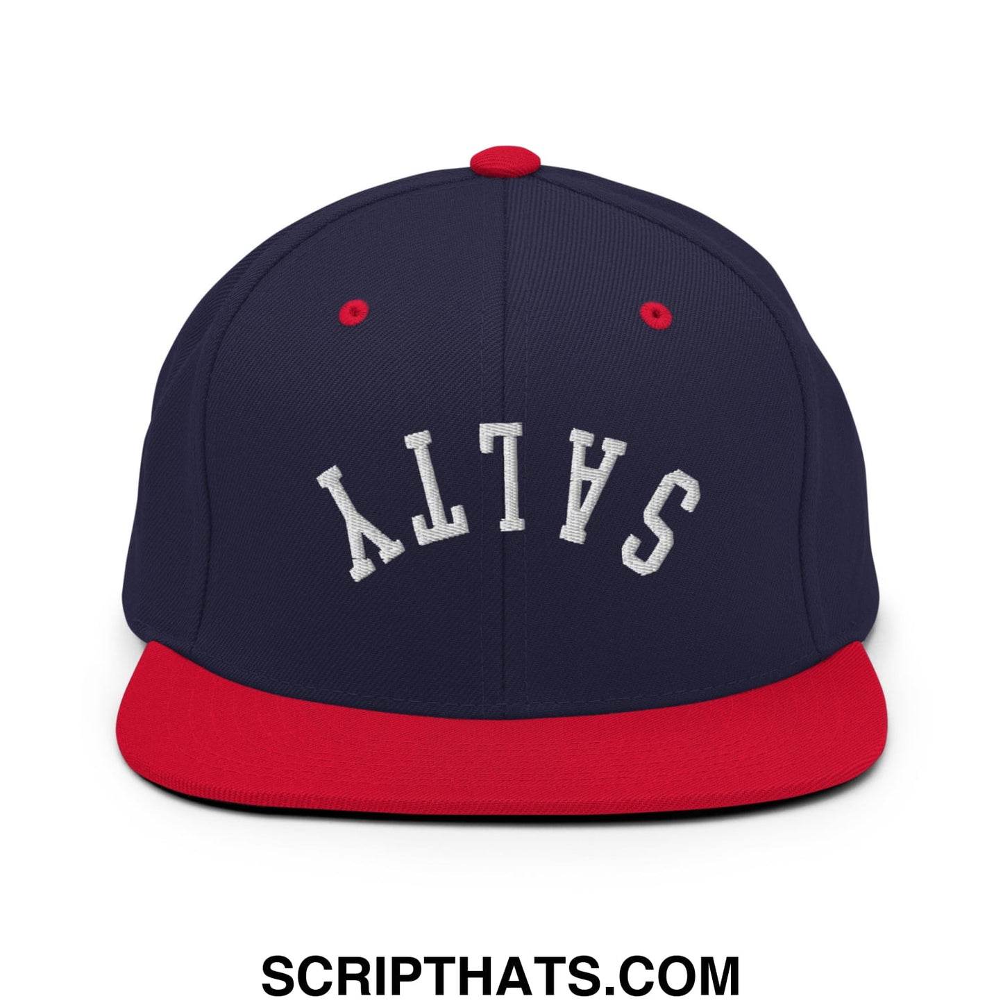 Navy blue and red snapback hat with white embroidered salty lettering and a flat bill brim design