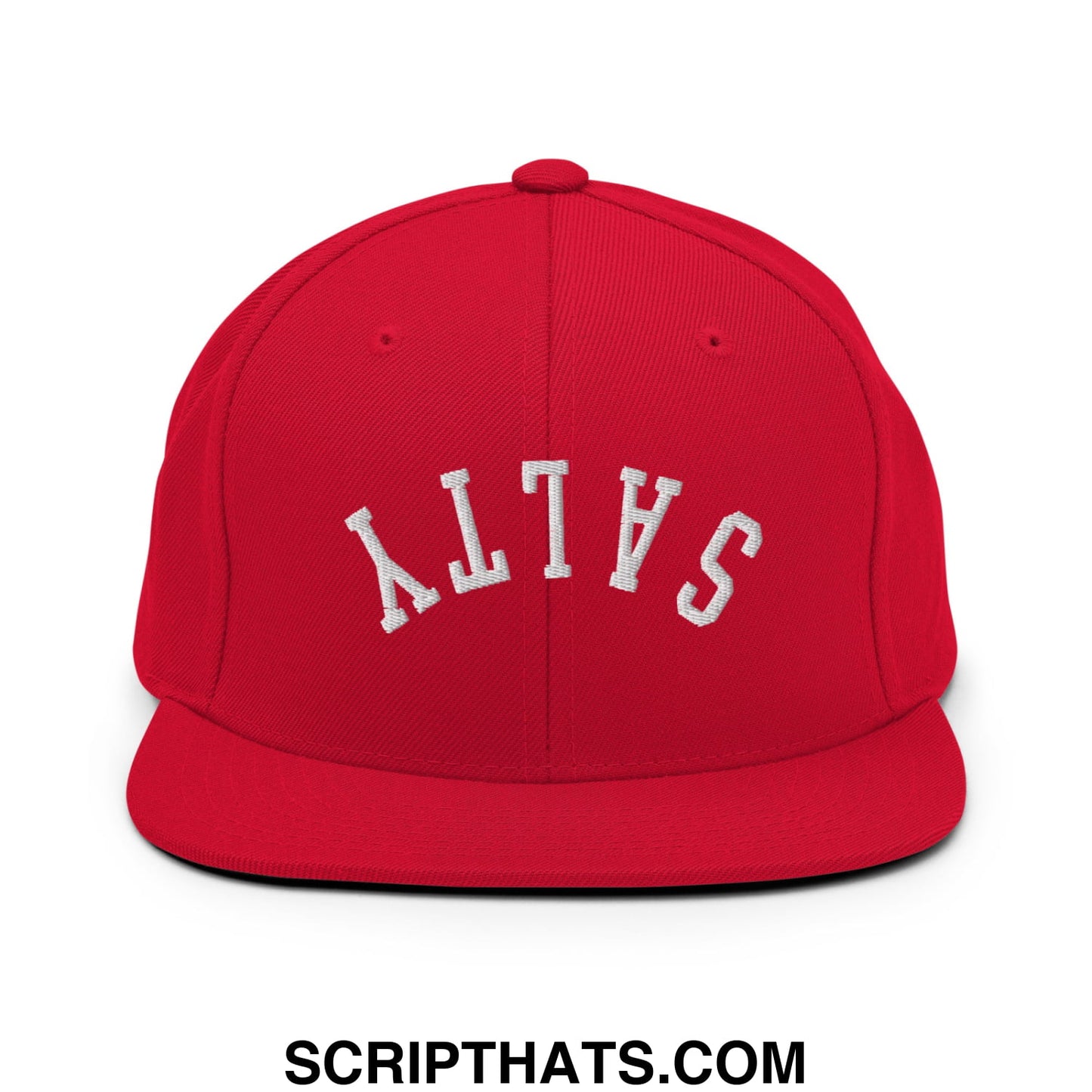 A vibrant red snapback hat with white embroidered salty lettering in an arched design on a flat bill brim