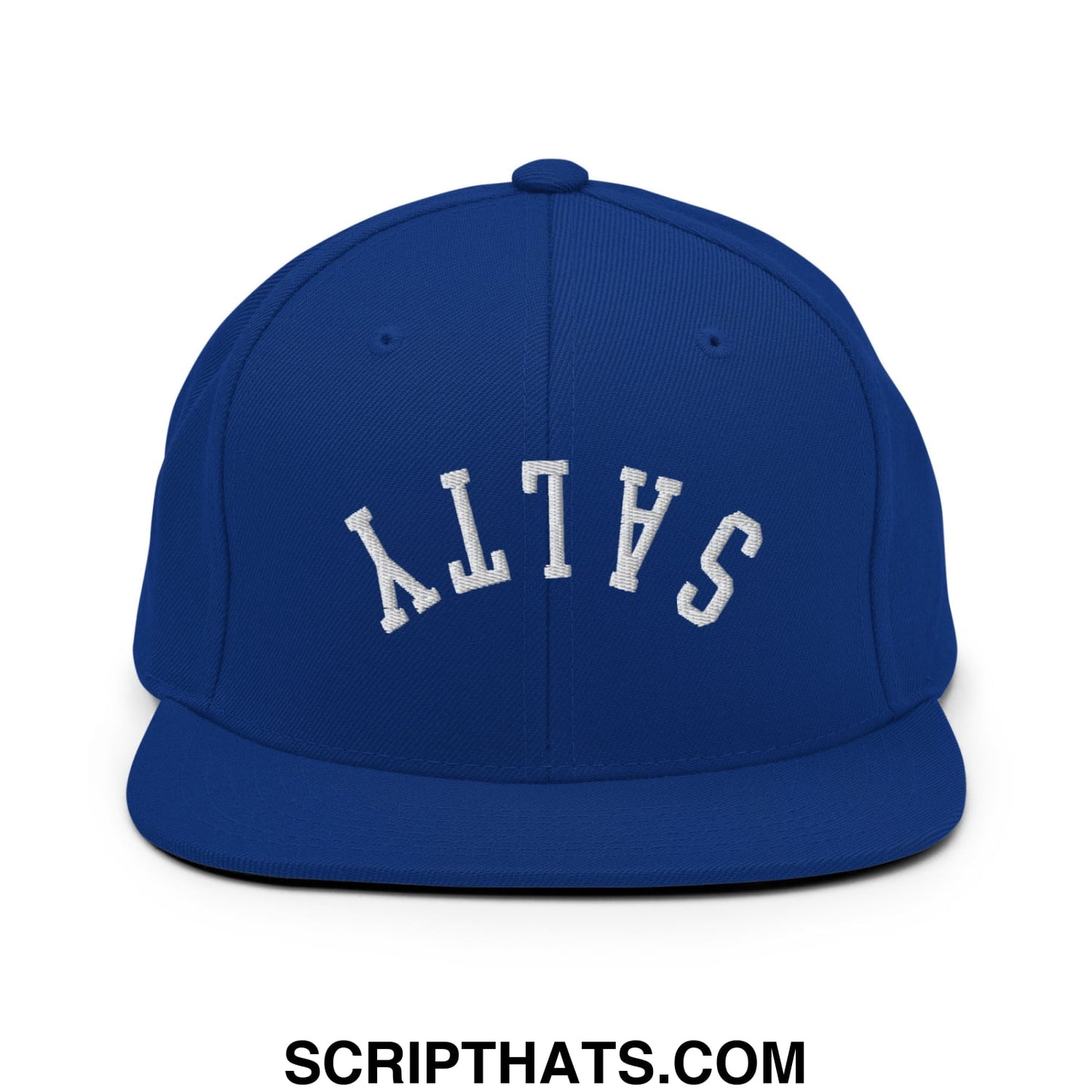 Royal blue snapback hat with white embroidered salty lettering and flat bill brim for casual wear