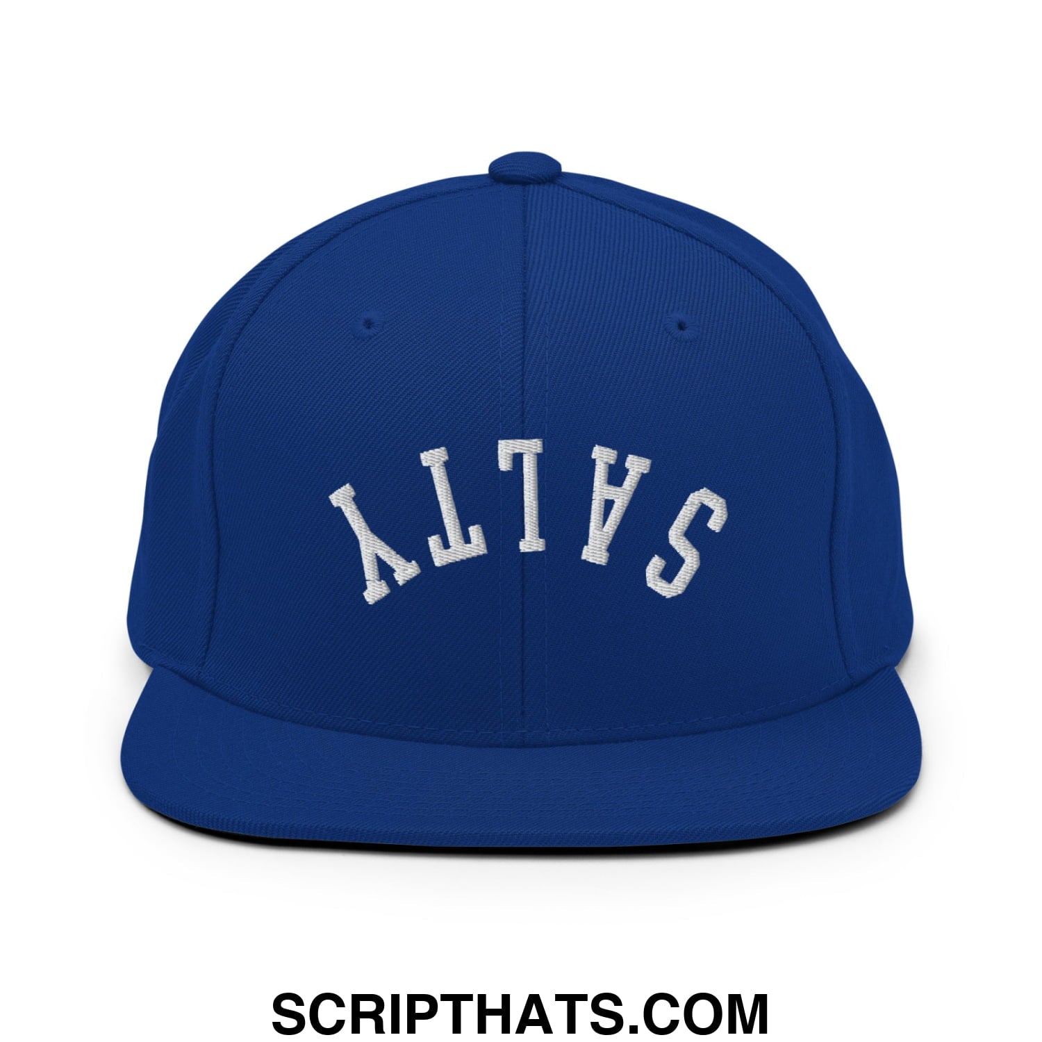 Royal blue snapback hat with white embroidered salty lettering and flat bill brim for casual wear
