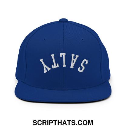 Royal blue snapback hat with white embroidered salty lettering and flat bill brim for casual wear