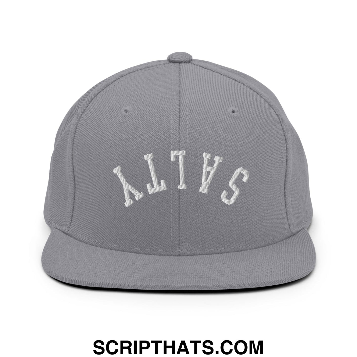 Gray snapback hat with white embroidered salty lettering in an arched design and flat bill brim