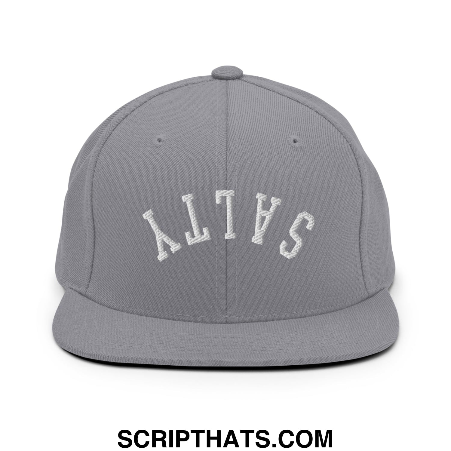 Gray snapback hat with white embroidered salty lettering in an arched design and flat bill brim