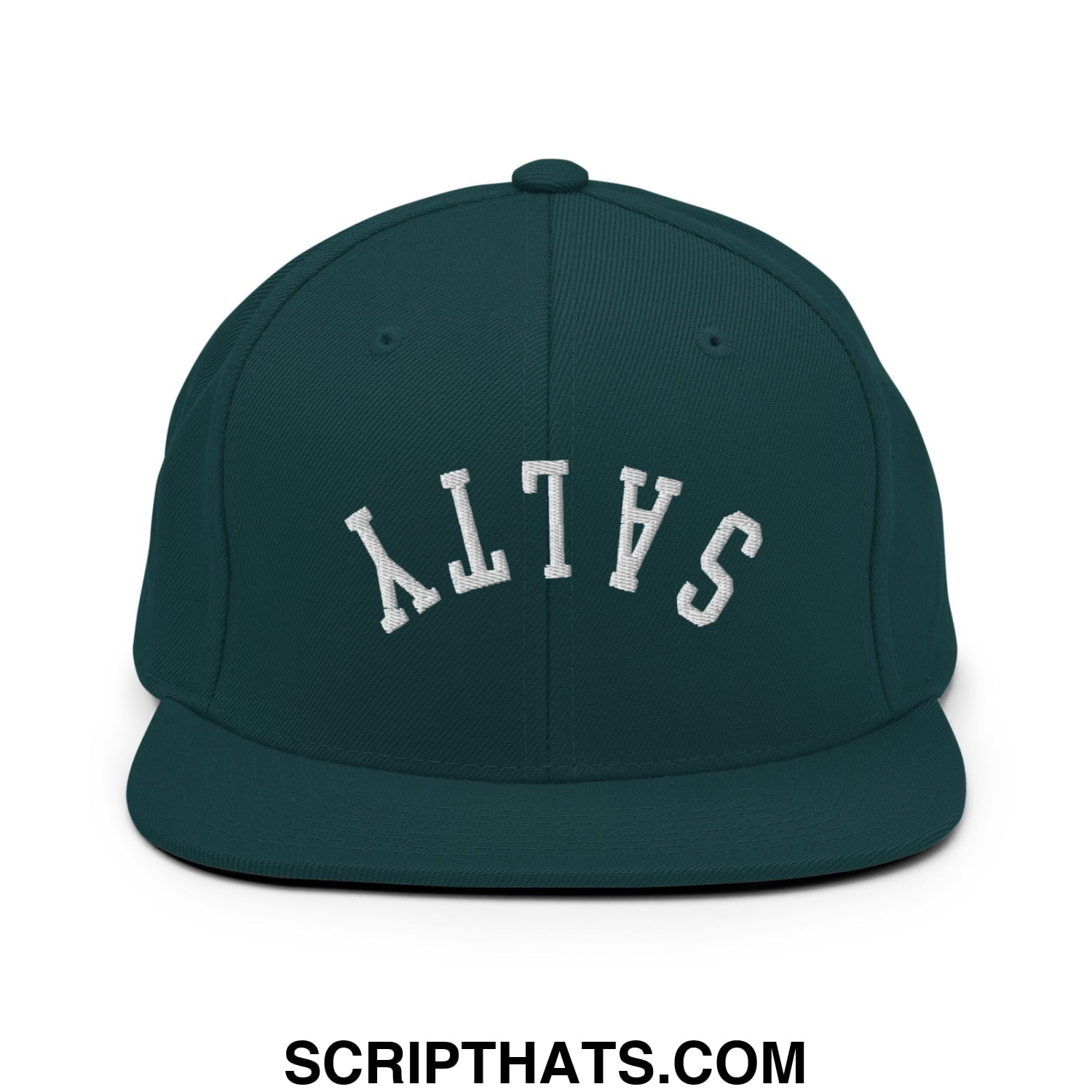 Dark green snapback hat with white embroidered salty lettering and flat bill brim for casual wear