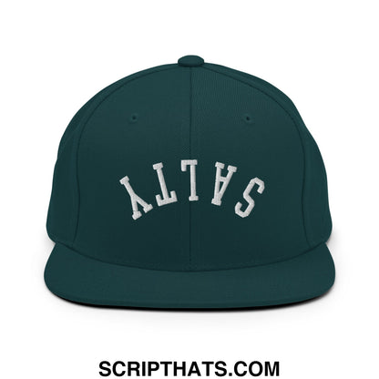 Dark green snapback hat with white embroidered salty lettering and flat bill brim for casual wear