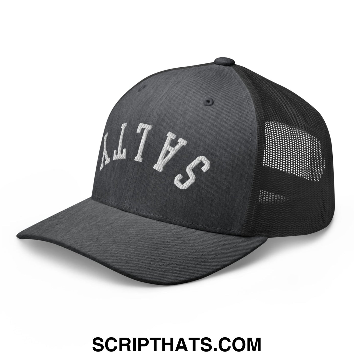 Black mesh trucker hat with white embroidered salty lettering front panel and breathable back panels