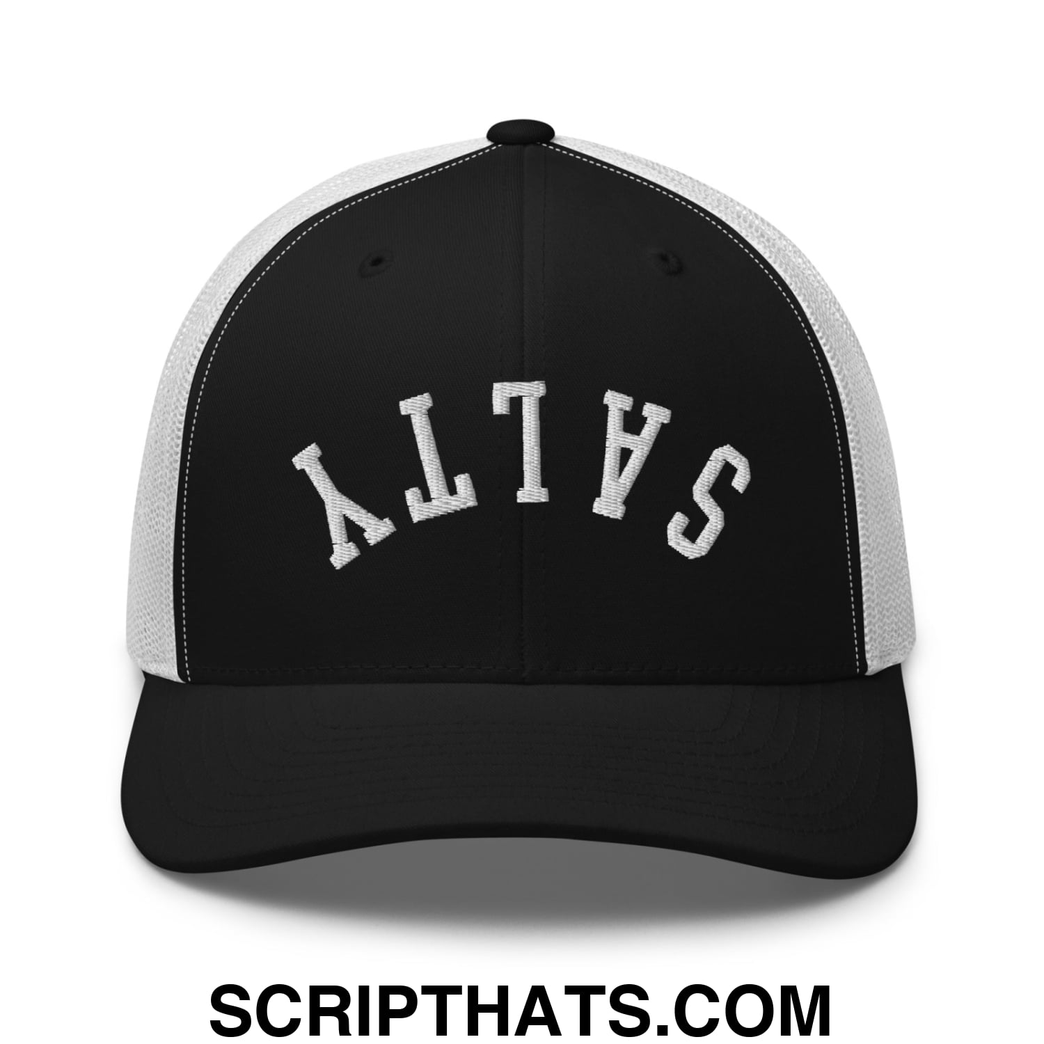 Upside Down Salty Embroidered Mesh Trucker Hat Black White