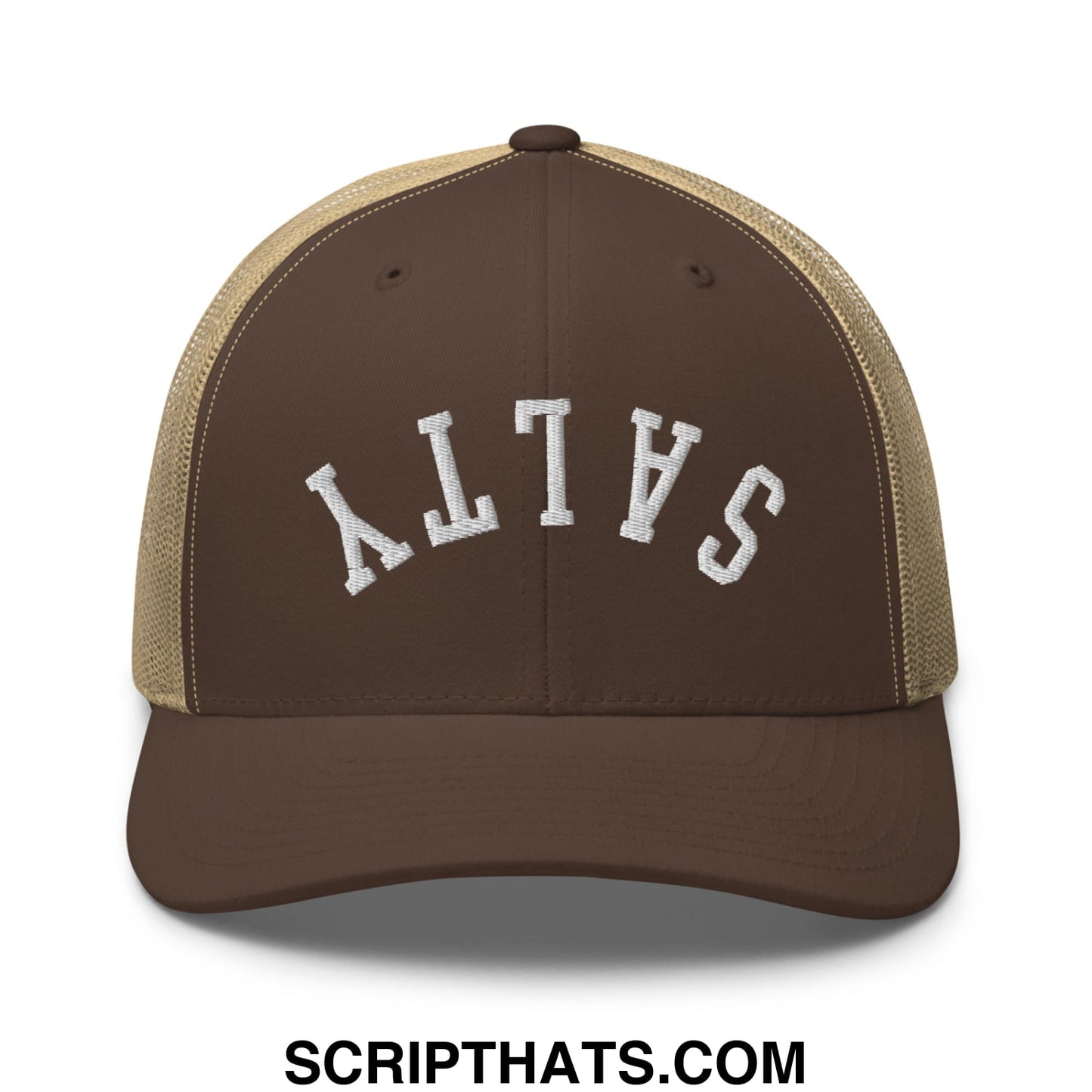 Brown and tan mesh trucker hat with white embroidered salty lettering and upside down design