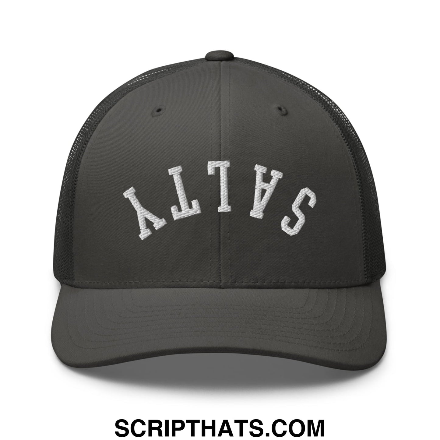 Dark gray mesh trucker hat with white embroidered salty lettering in an arched design upsidedown salty style