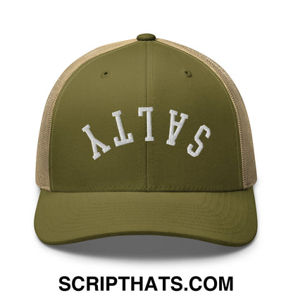 Upside Down Salty Embroidered Mesh Trucker Hat Moss Khaki
