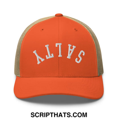 Orange and beige mesh trucker hat with white embroidered altas lettering from the upside down salty collection