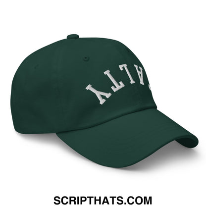Dark green unstructured dad hat with white embroidered alt lettering in classic collegiate arch style