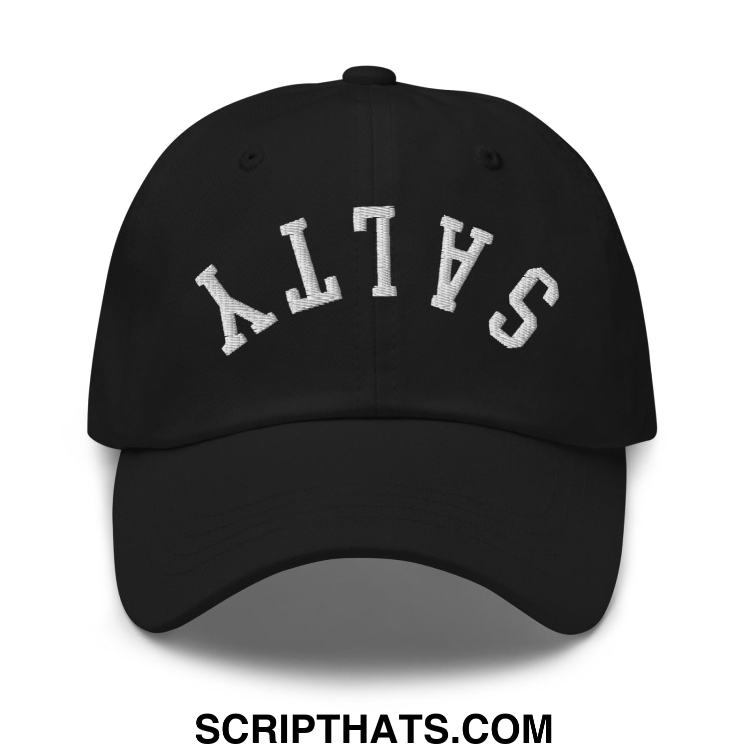 Black unstructured dad hat with white embroidered altas lettering in a classic arch design from upside down salty
