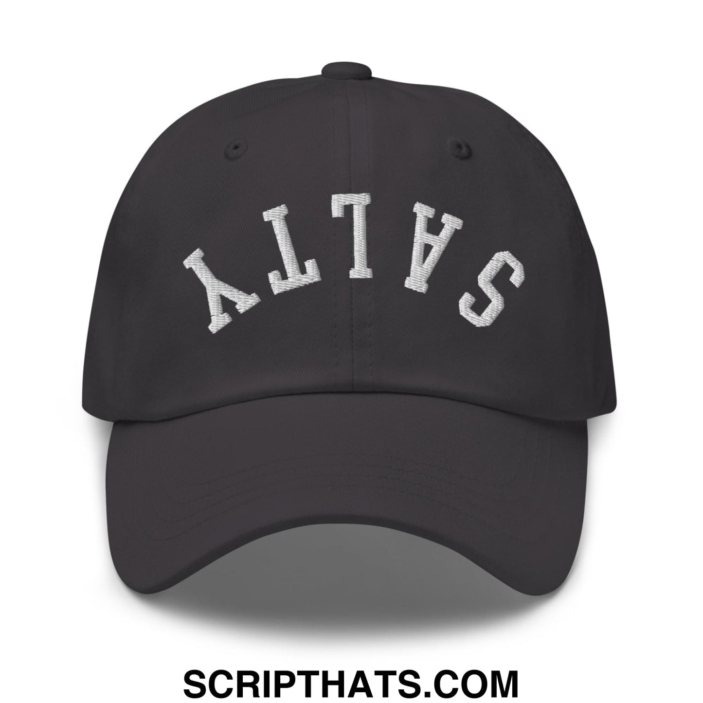 Black unstructured dad hat with white embroidered salt lettering in an arched design titled upside down salty hat