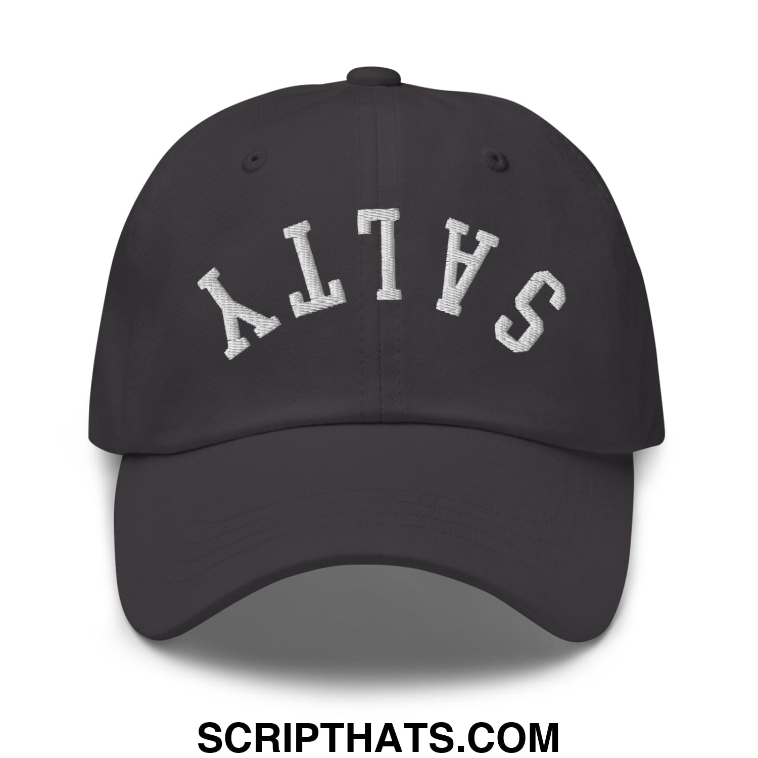 Black unstructured dad hat with white embroidered salt lettering in an arched design titled upside down salty hat