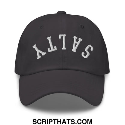 Black unstructured dad hat with white embroidered salt lettering in an arched design titled upside down salty hat