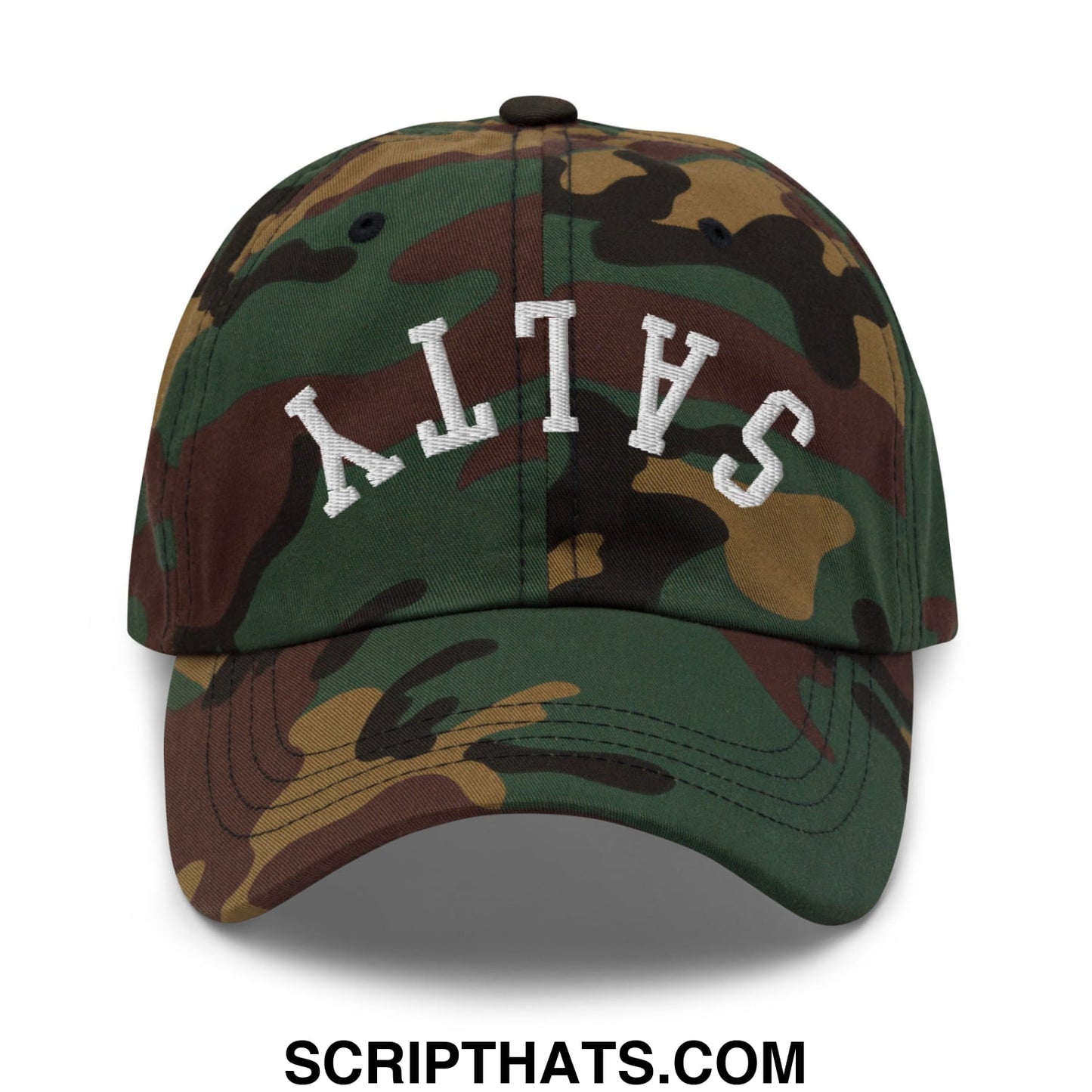 A camouflage upside down salty embroidered unstructured dad hat with altas in white arched lettering