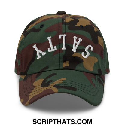 A camouflage upside down salty embroidered unstructured dad hat with altas in white arched lettering