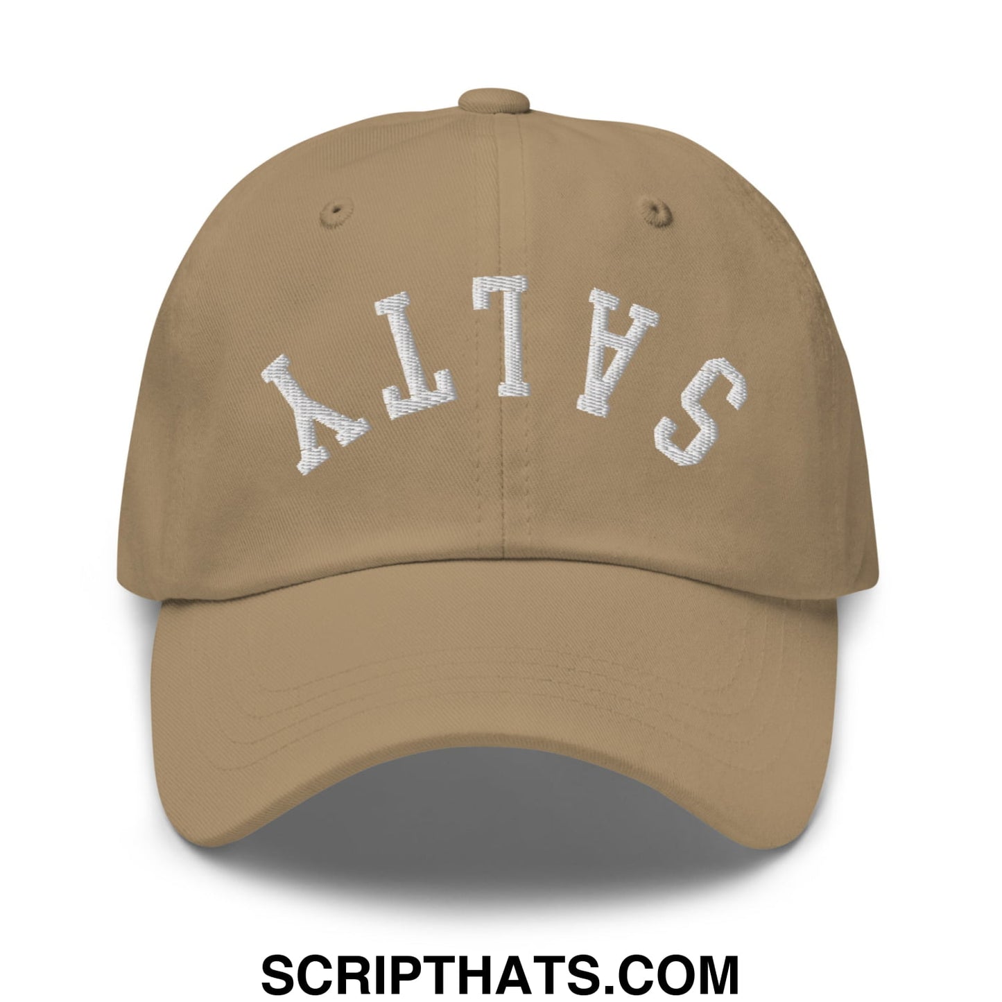 Beige unstructured dad hat with white embroidered salt lettering in an arched design called upside down salty