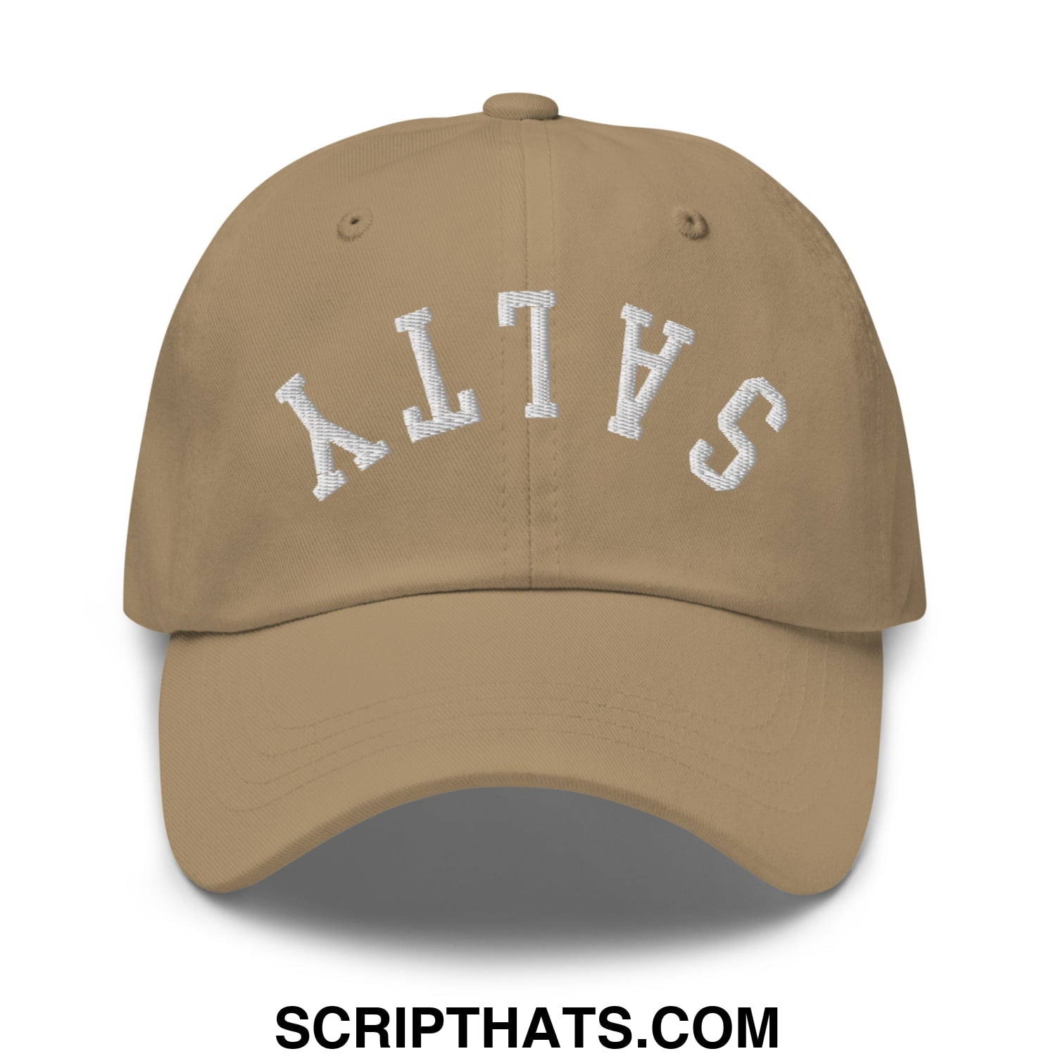 Beige unstructured dad hat with white embroidered salt lettering in an arched design called upside down salty