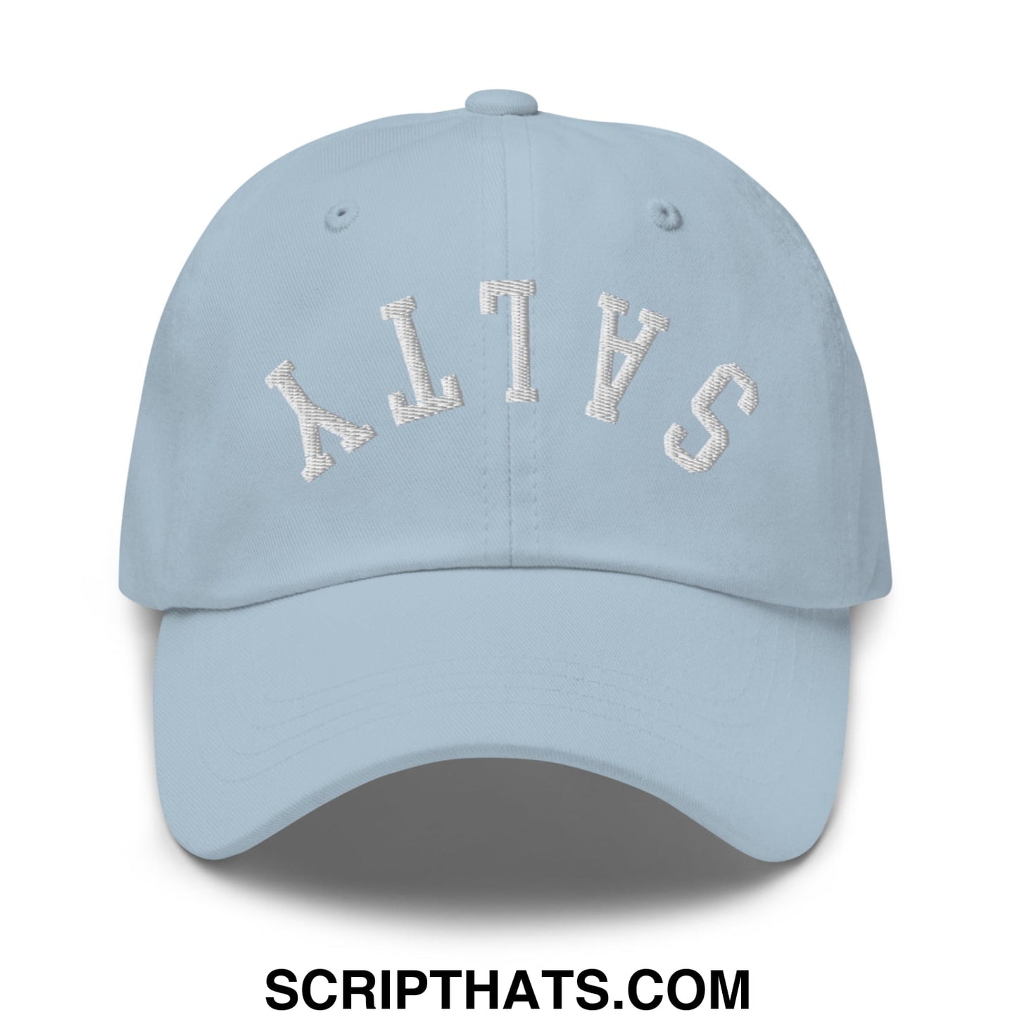 Light blue unstructured dad hat with white embroidered salty lettering on front for casual wear