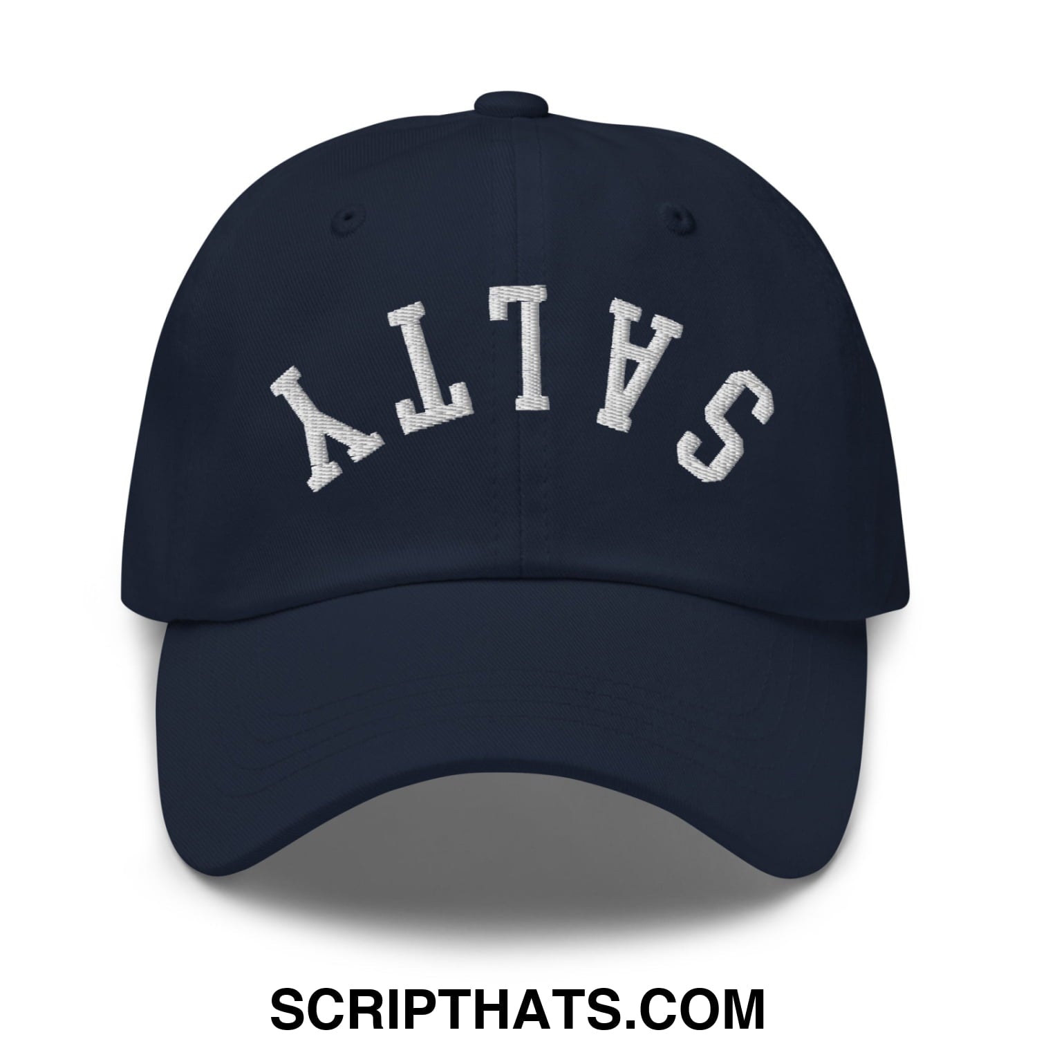 Navy blue unstructured dad hat with white embroidered salt lettering in an arched design front view