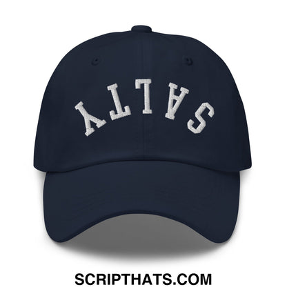 Navy blue unstructured dad hat with white embroidered salt lettering in an arched design front view