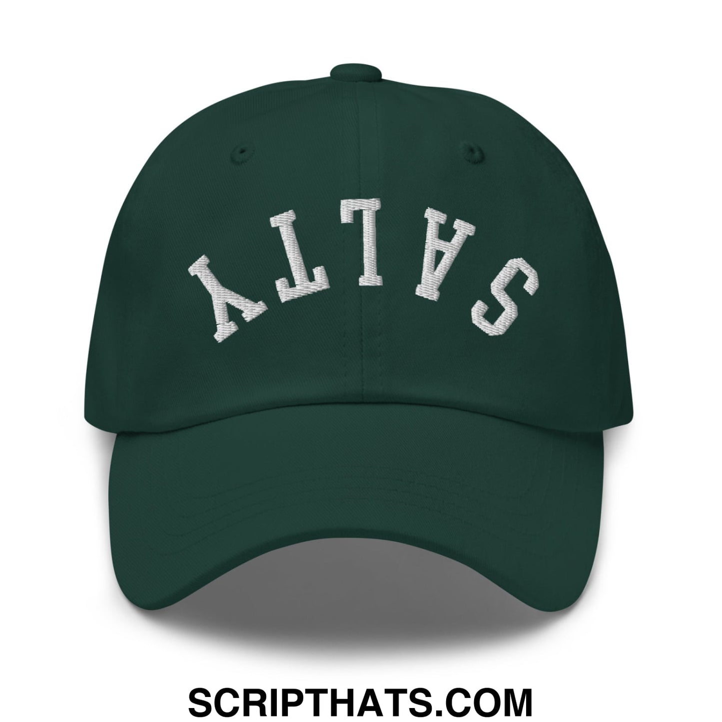 Dark green unstructured dad hat with white embroidered altas lettering in arched design called upside down salty embroidered hat