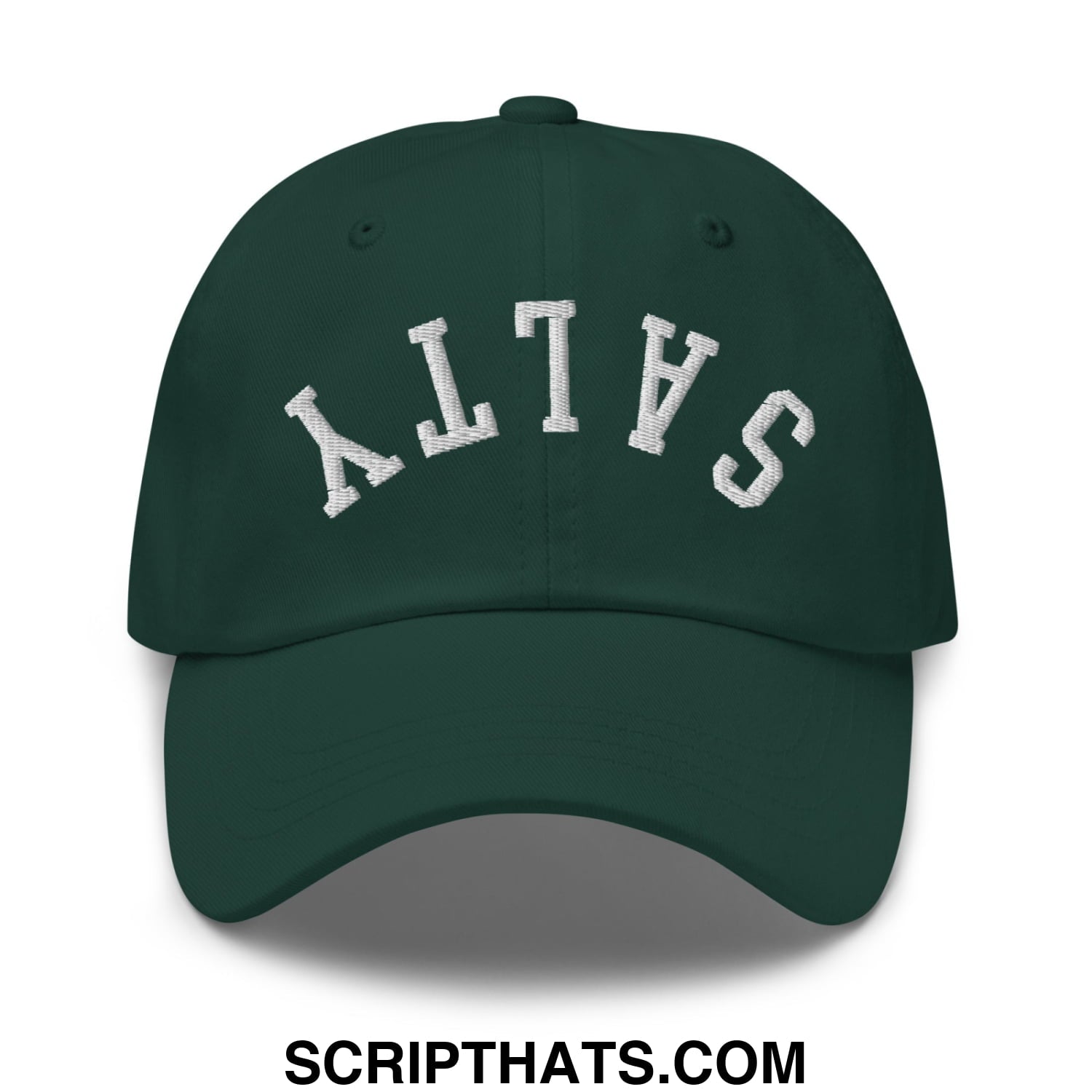 Dark green unstructured dad hat with white embroidered altas lettering in arched design called upside down salty embroidered hat