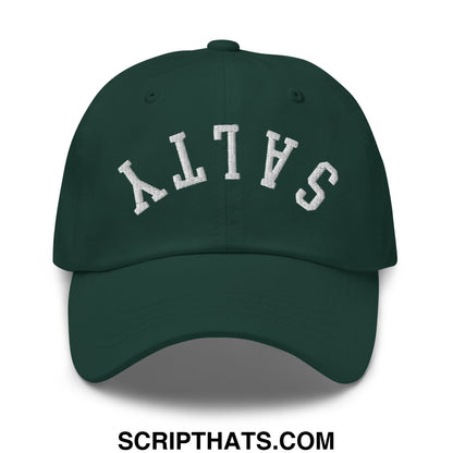Dark green unstructured dad hat with white embroidered altas lettering in arched design called upside down salty embroidered hat
