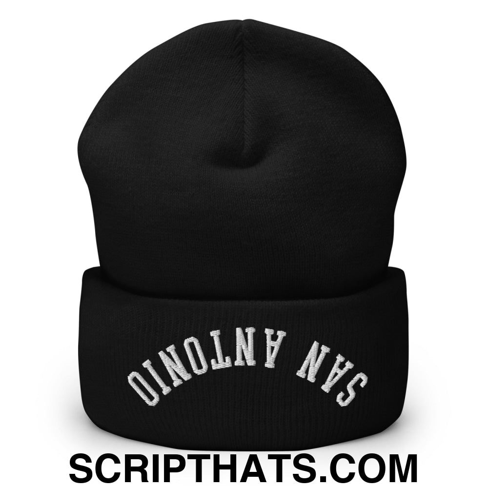 Upside Down San Antonio Embroidered Cuffed Knit Beanie Black