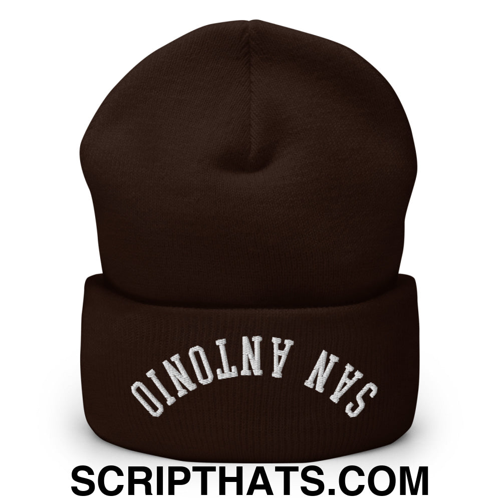 Upside Down San Antonio Embroidered Cuffed Knit Beanie Brown