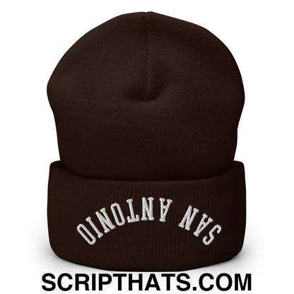 Upside Down San Antonio Embroidered Cuffed Knit Beanie Brown
