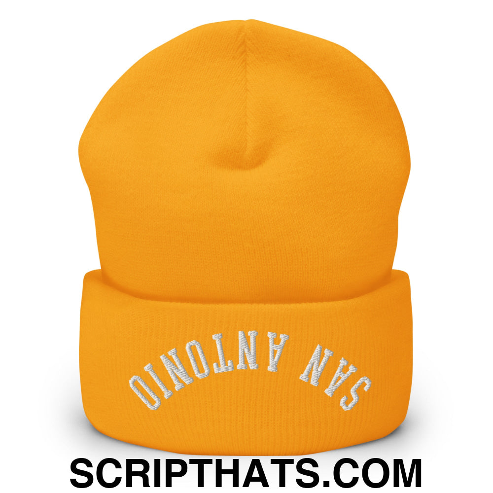 Upside Down San Antonio Embroidered Cuffed Knit Beanie Gold