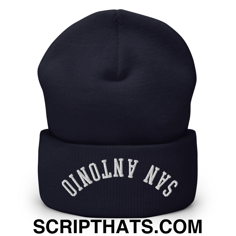 Upside Down San Antonio Embroidered Cuffed Knit Beanie Navy